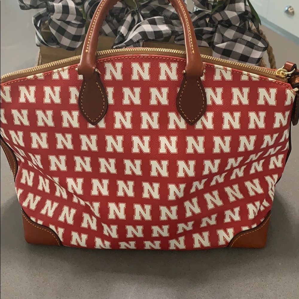 Dooney & Bourke Red & White 'N' Logo Crossbody Satchel with Brown Leather Trim - Picture 2 of 5